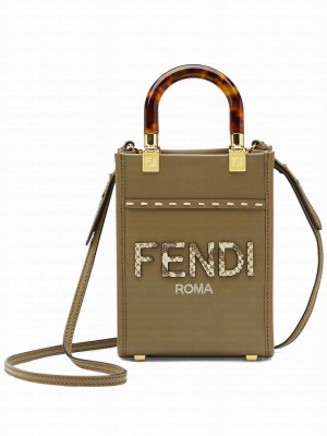 Fendi Mini Sunshine Shopper Leather And Elaphe Bag 8BS051 Khaki