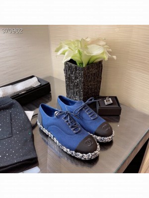 Chanel Canvas Lace Up Espadrilles Flats Lambskin Leather Spring/Summer 2021 Collection, Navy Blue/Black