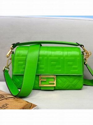Fendi Baguette Medium FF Logo Lambskin Flap Bag Green  2021 Collection