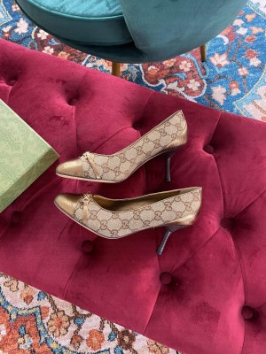 Gucci Women's GG Canvas Calfskin 65mm Pumps Brown/Gold 2021 Collection