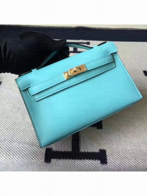 Hermes Kelly 22 Clutch Bag In Original Swift Leather Macaron blue