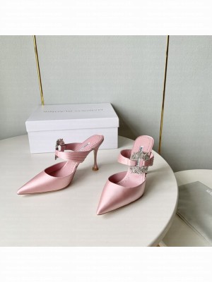 MANOLO BLAHNIK MAIDUGURAUS Pink Satin Embellished Buckle Mules