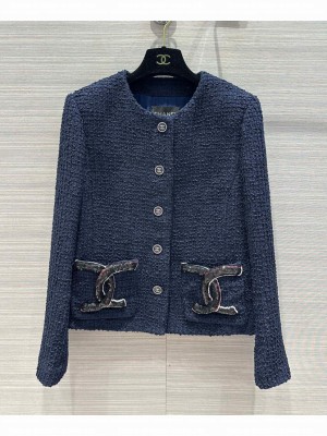 Chanel Women's Tweed Jacket Dark Blue