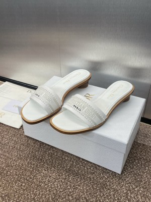 Dior Dway Heeled 3cm Slide White Calfskin and Embroidered Cotton With Pearls Flats 2025