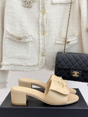 Chanel Quilted Lambskin Heel Slides Sandal 5cm with Foldover G45474 Beige 2025