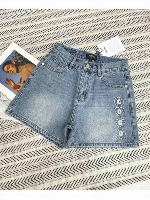 Chanel Women's Lettering Embroidered Denim shorts Blue