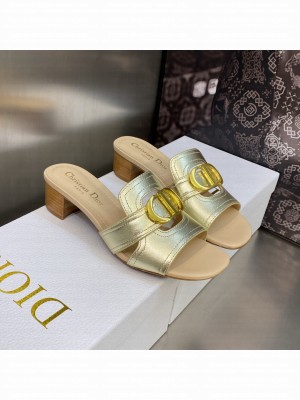 Dior 30 Montaigne Heeled Slide Sandals 4.5cm in Gold Metallic Calfskin 2023