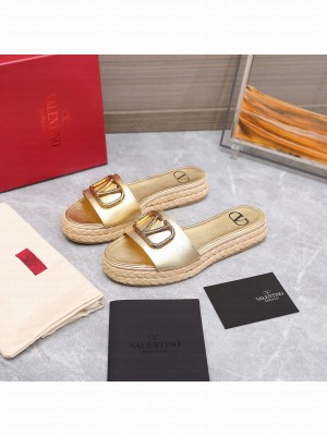 Valentino VLogo Straw Slide Sandals 2022 Collection,Gold