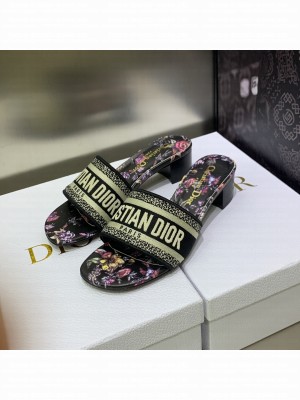Dior Dway Heeled Slide Sandals 4cm in Cotton Embroidered 2023 Collection 031