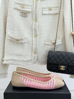 Chanel Hollow double Pink raffia ballet flats 2025 