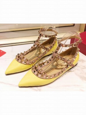 Valentino Rockstud Caged Ankle Strap Ballet Flats Ballerinas in Patent Leather Yellow