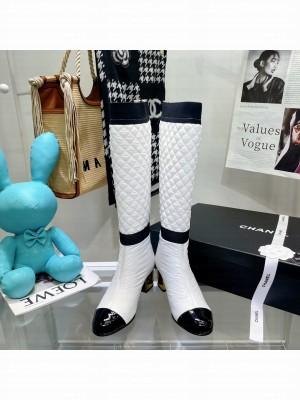Chanel Quilted Nylon and Patent Calfskin High Boots 2021 Collection,White 085