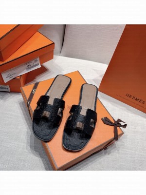 Hermes Oran Flat slippers with Ostrich Leather 090 2021 Collection