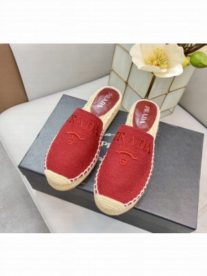 Prada Linen Logo Embroidered Slides Espadrilles Flats 2022 Collection,Red