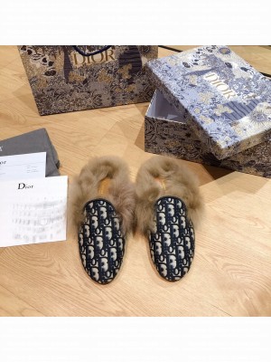 DIOR OFF MULE Multicolor Embroidered Cotton Fur Flat Slippers 06