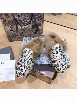 DIOR OFF MULE Multicolor Embroidered Cotton Fur Flat Slippers 08