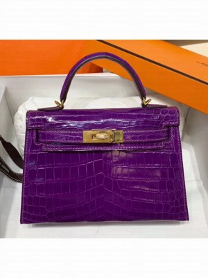 Hermes Mini Kelly II Handbag in Glossy Real Alligator Leather Purple (Handmade) Collection