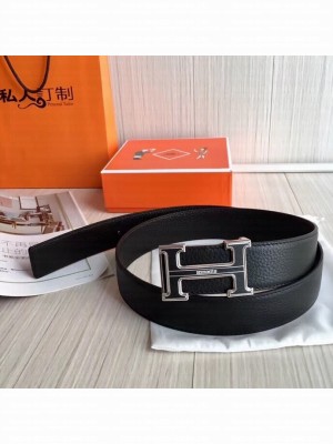 hermes 3.8cm black grained leather belt with black buckle