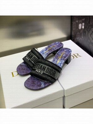 Dior Dway Heeled Slide Sandals 4cm in Cotton Embroidered 2023 Collection 030