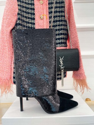 Balmain Women's 10.5cm Bicolor Sleeve Sequins Glitter Boots 2022 Collection Black