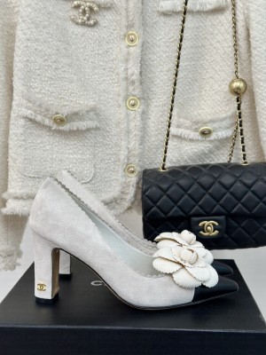 Chanel Women's 8cm Heel Camellia Suede & Leather Pumps White 2024