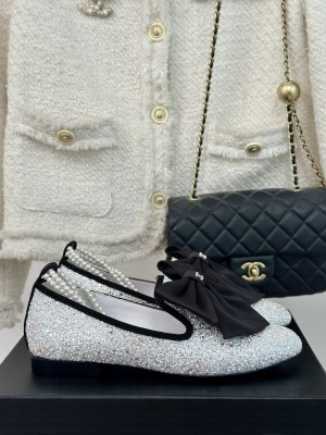 Chanel Glitter with Maxi Bow and Pearls Flat White