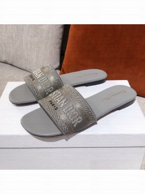 Dior Dway Embroidered Cotton Flat Slide Sandals Grey Spring/Summer 2021 Collection