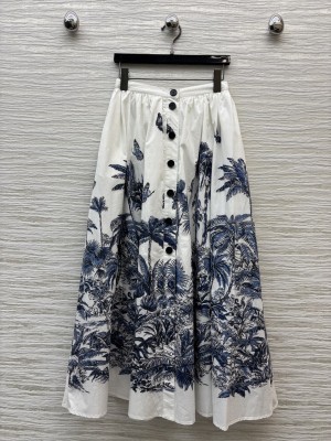 Dioriviera Mid-Length Flared Skirt White and Blue Toile de Jouy Palms Cotton and Silk Poplin