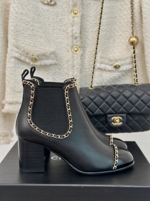 Chanel Calfskin Heel Ankle Boots with Chain Black 2024 