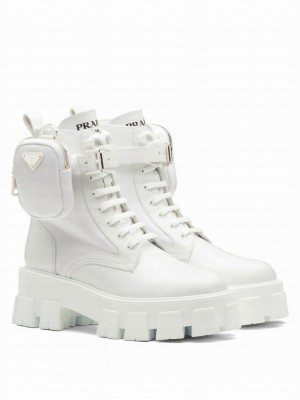 Prada Women's Monolith Leather And Nylon Fabric Boots 1T255M White