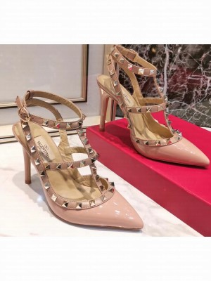Valentino Heel 9.5cm Rockstud Caged Pumps in Patent Leather Nude Pink