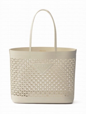 Prada Large Perforated Leather Tote Bag 1BG503 Cream