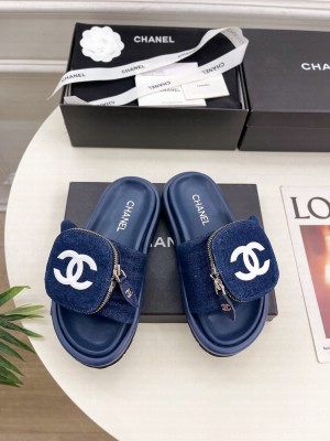 Chanel Canvas Pillow Slides Sandal with Zip Pouch Navy 2025