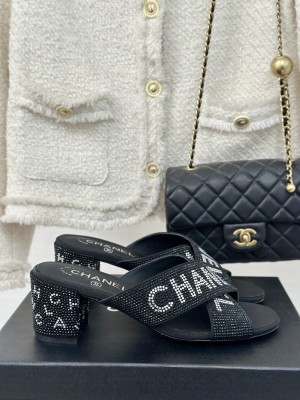 Chanel 4cm Rhinestone Letter Cross Strap Slide Mule Black 02