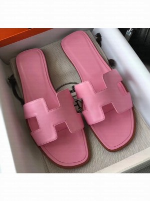 Hermes Oran Flat Slipper Sandals in Swift Box Calfskin Pink