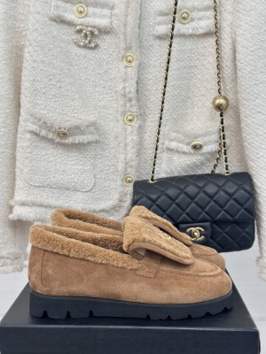 Chanel Suede & Shearling Wool Loafer Brown