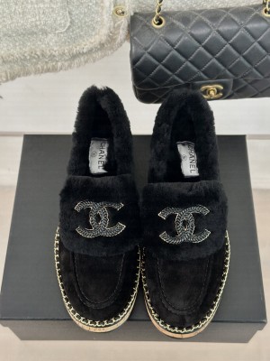 Chanel Suede & Wool Fur Wood Loafer Black 2024