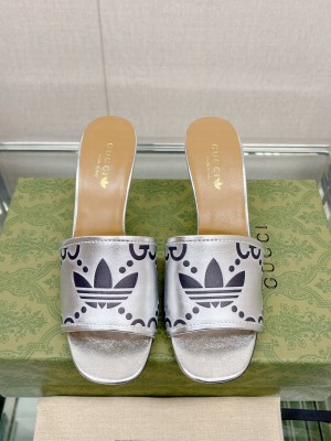 Adidas x Gucci Leather Slide Sandals 7.5cm 2023 Silver