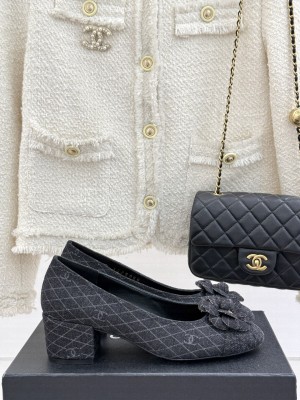 Chanel Quilted Denim Pumps with Camellia Bloom Charm Black 2025