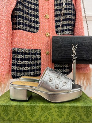 Gucci Leather Heel Platform Slide Sandals 5cm Interlocking G Studs 2023 Silver