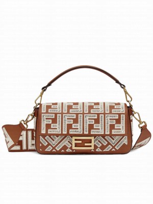 Fendi Baguette Leather Bag With FF Embroidery 8BR600 Coffee