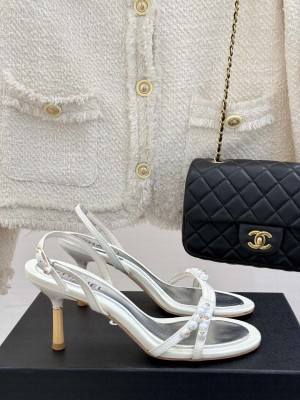 Chanel Vintage Calfskin Heel Sandals 7.5cm with Pearls White/Silver 2025