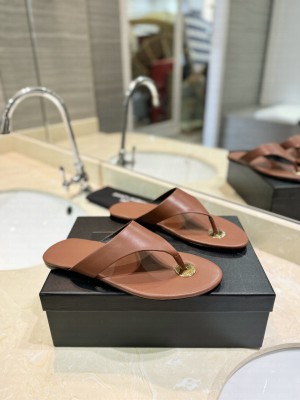 Saint Laurent Kouros Leather Thong Sandals Brown 2024