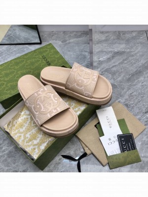 Gucci Jumbo GG Canvas Platform 5cm Slide Sandals with Interlocking G 2023 010