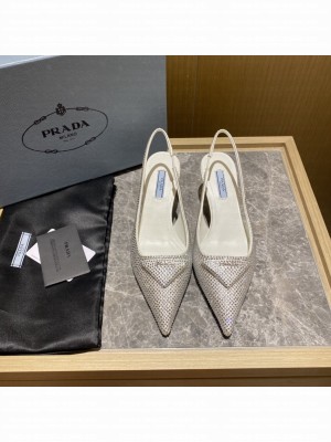 Prada Women's 5.5cm Satin Slingback Sandals With Crystals 2022 Collection,White