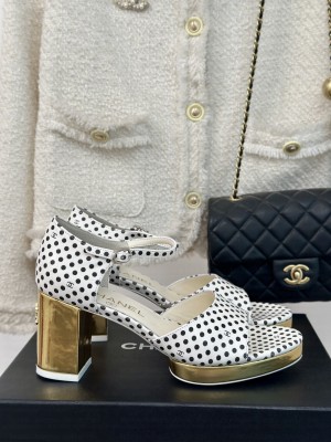 Chanel Gold Heel Calfskin Sandals Dotted White 2024
