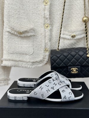 Chanel Rhinestone Letter Cross Strap Slide Flat Silver 01