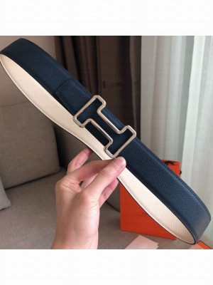 Hermes Tonight Reversible Leather Buckle Belt 38mm Blue/White/Silver 2019 Collection