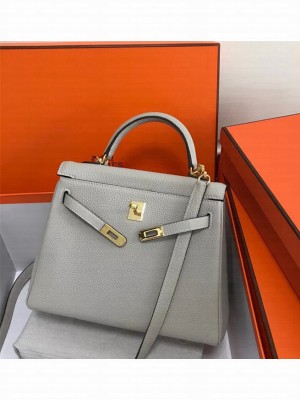 Hermes Kelly 25 Bag in Calf Leather with Gold Hardware Grey Pearl