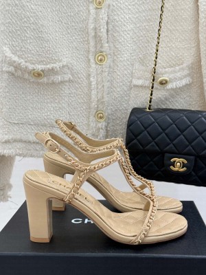 Chanel Lambskin Sandals 8.5cm with Chain and Heart G46109 Beige